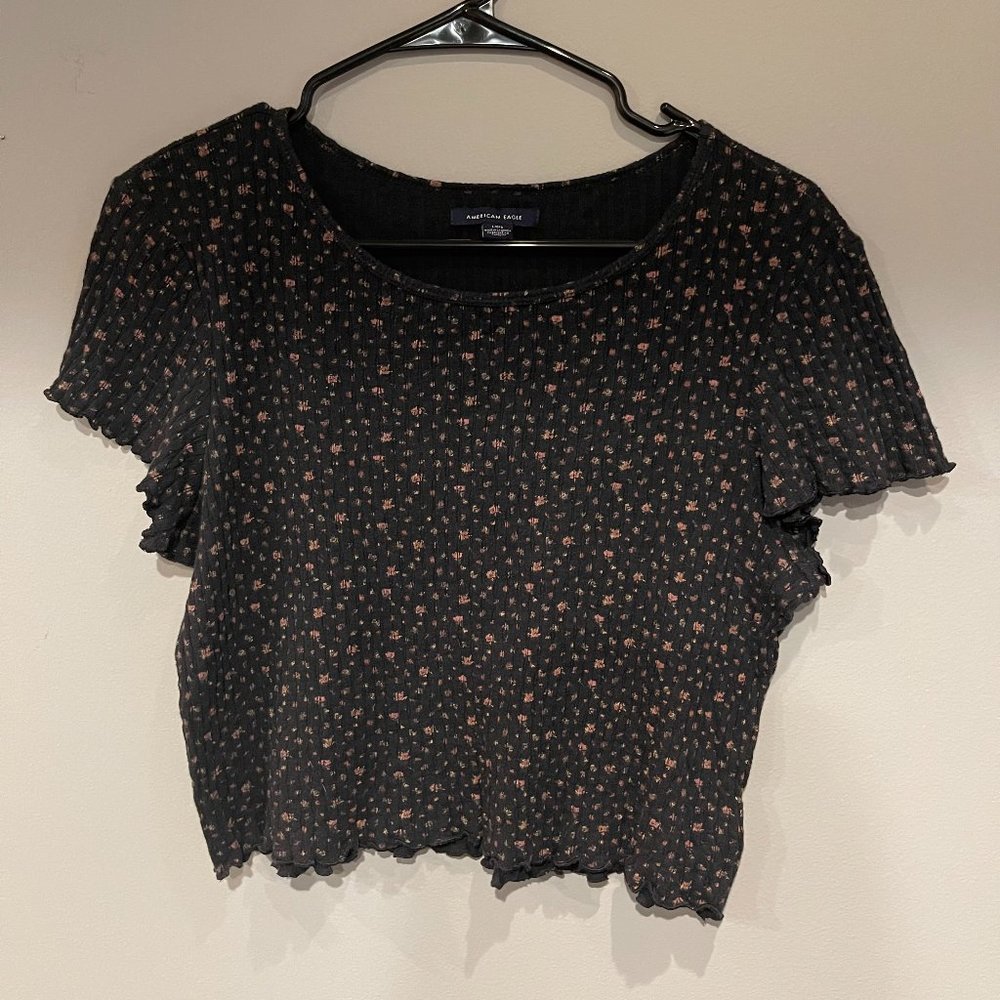 American Eagle Dark Black Floral Crop Top with Lettuce Hem